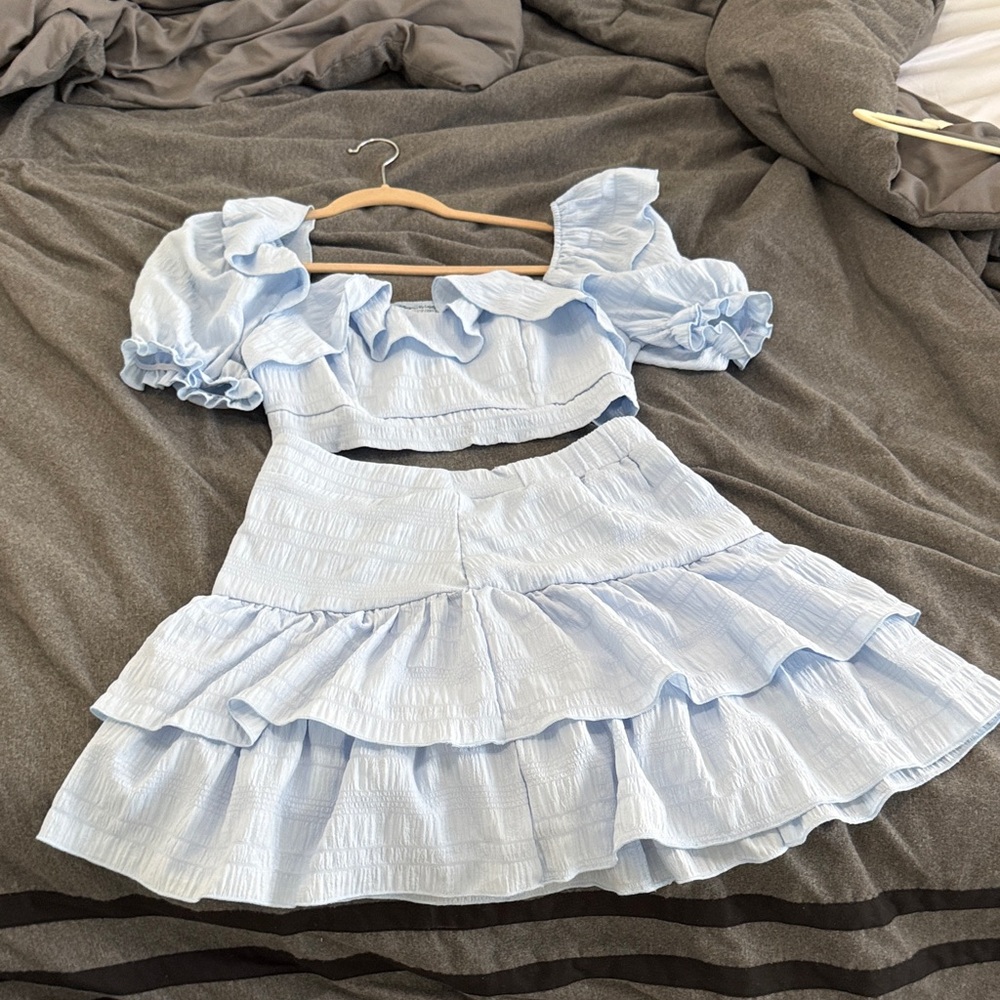 SHEIN Sky Blue Ruffled Two-Piece Outfit